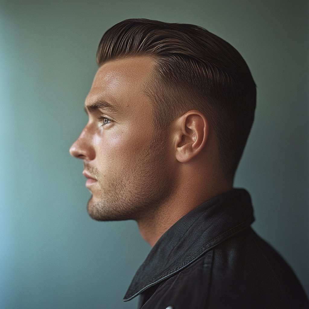 man with slicked back hair