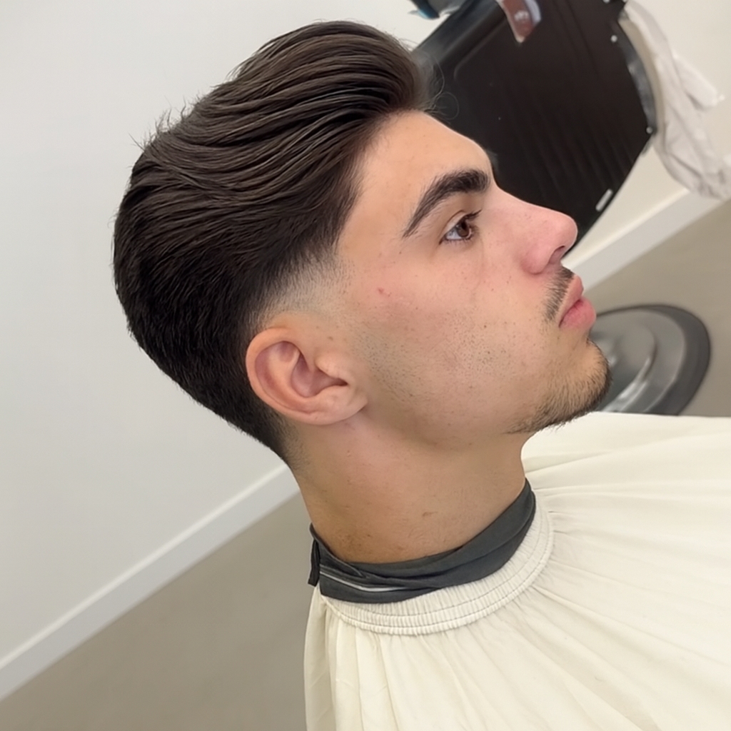 a guy with a slicked back taper fade haircut