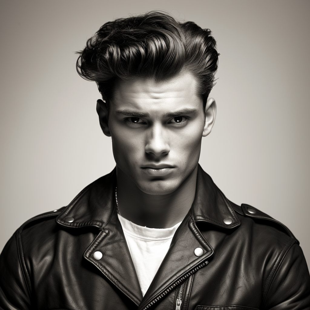 guy with 1950s hairstyle and leather jacket 