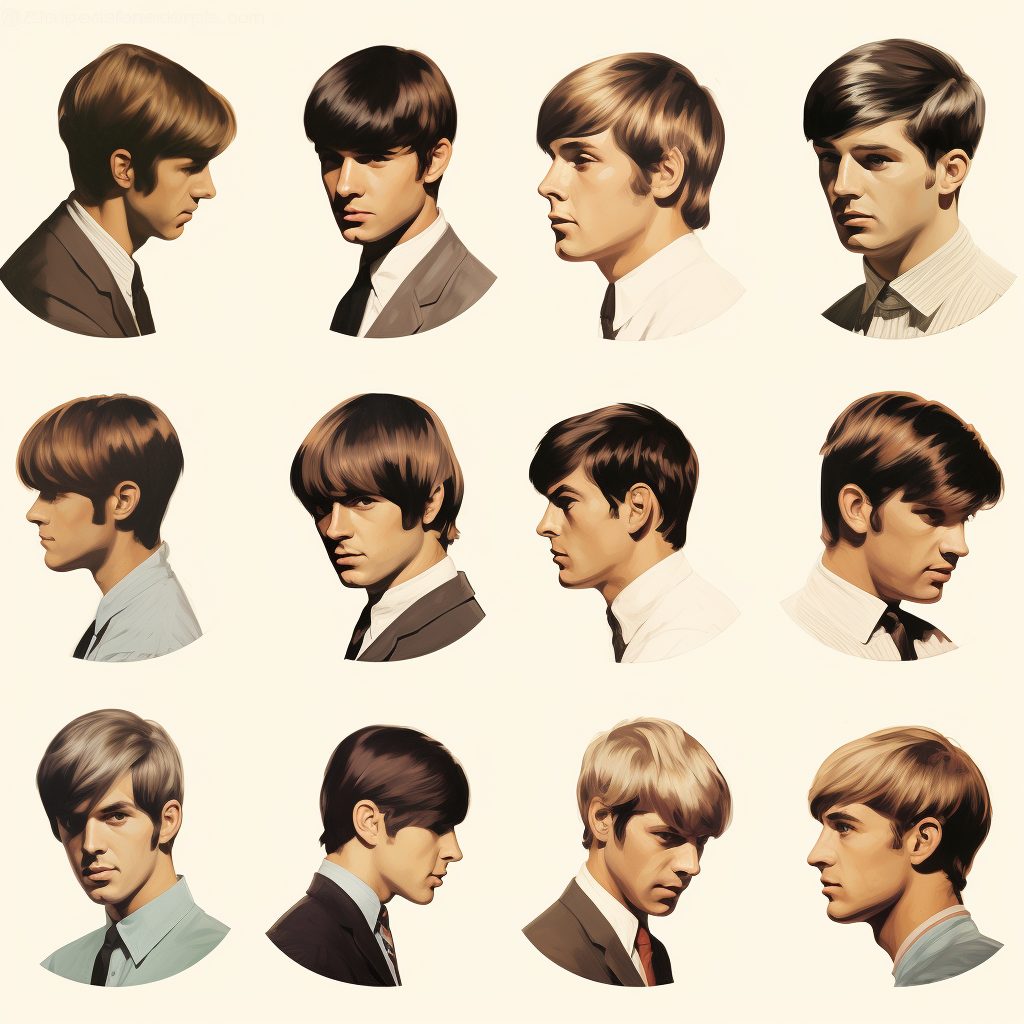 1960s British Men's Hairstyles Grid with different Mop-Top Male haircuts