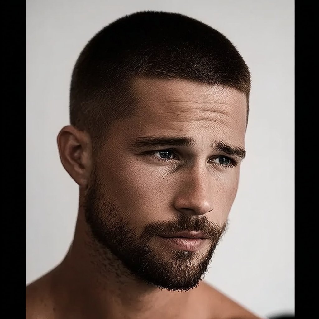 a guy with a low maintenance short haircut, a butch cut or brush cut