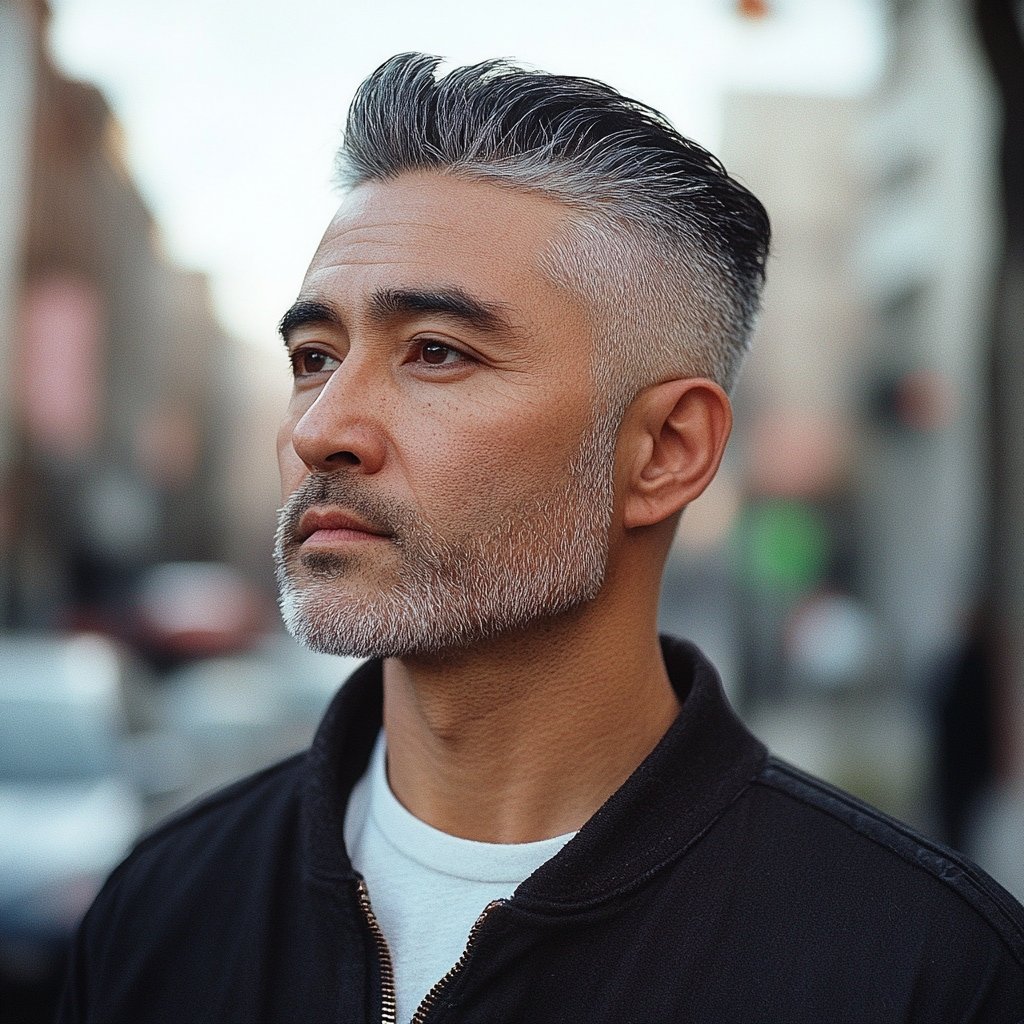 an asian mature gentleman with a classic short quiff