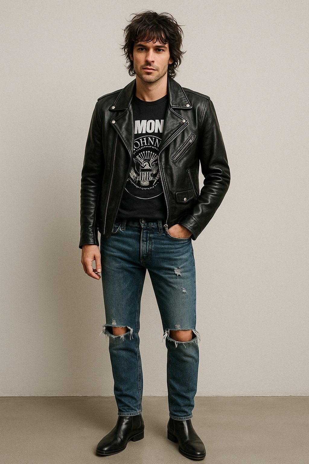 shaggy hair men rock inspired outfit