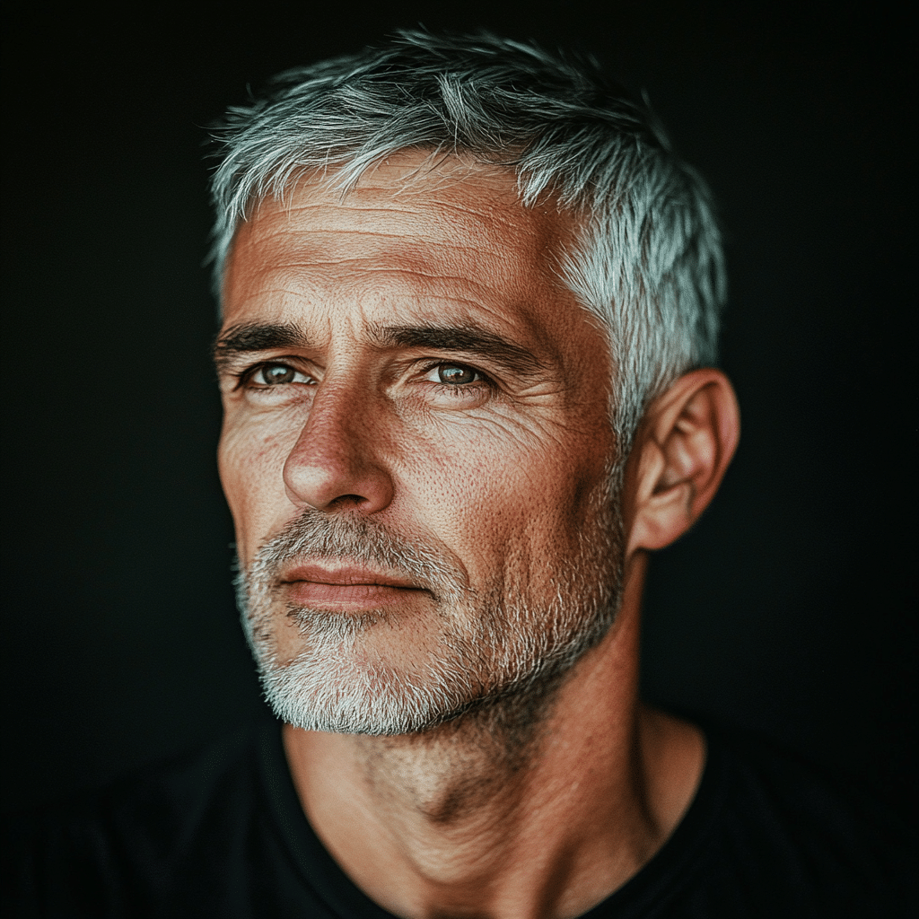 35mm candid photograph of confident 50+ man with gray hair, modern caesar cut, horizontal fringe, graduated side