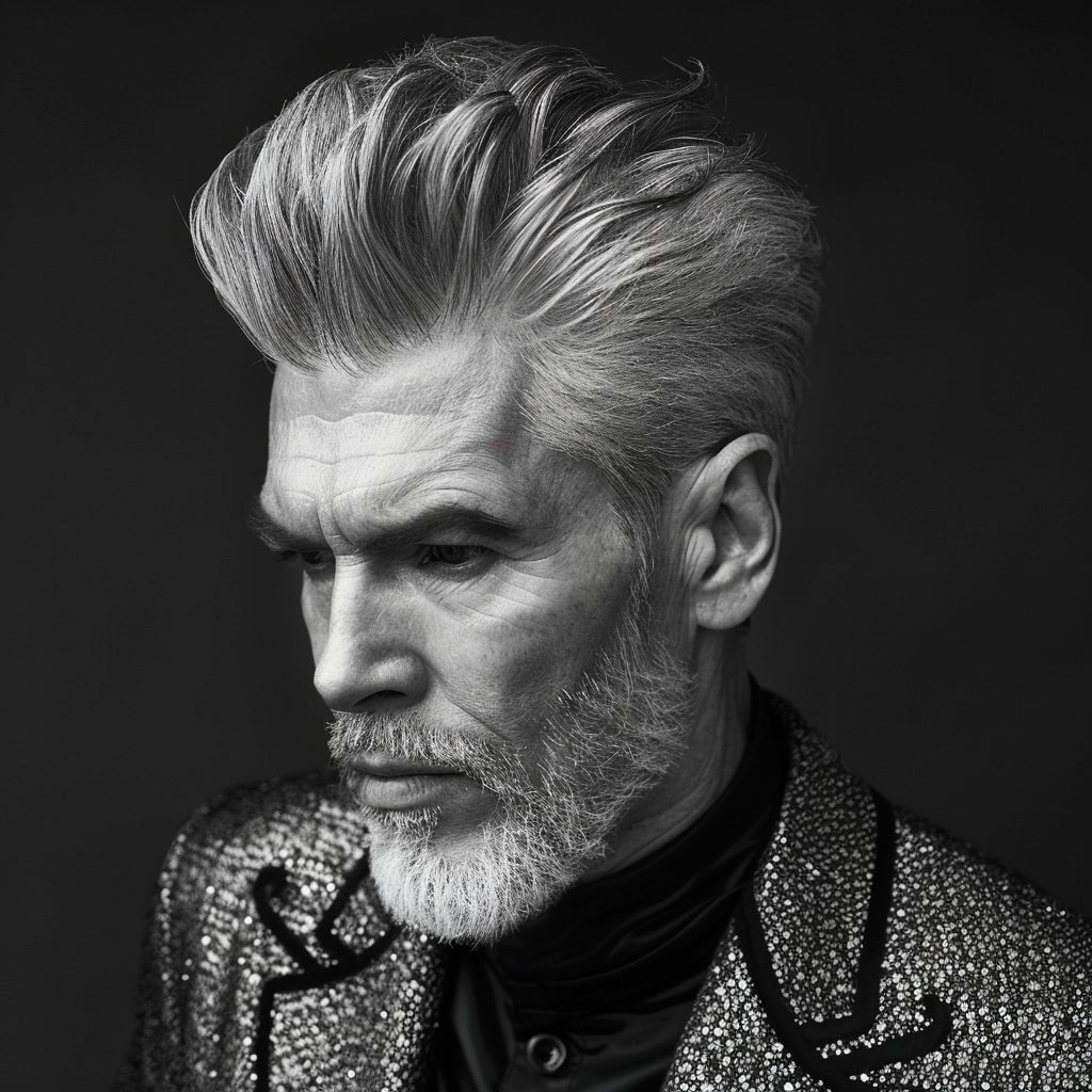 Salt and Pepper Pompadour on older male model with gray hair - article about hairstyles for men over 50