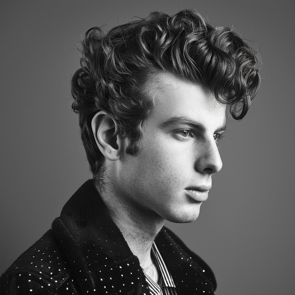 mens editorial guy with curly hair pompadour