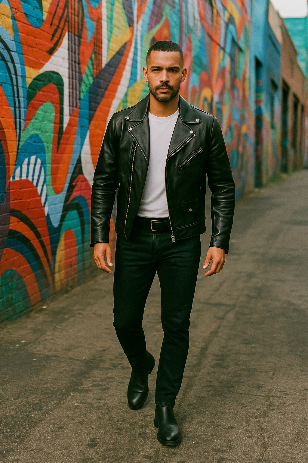 date night outfit for men, leather jacket and jeans