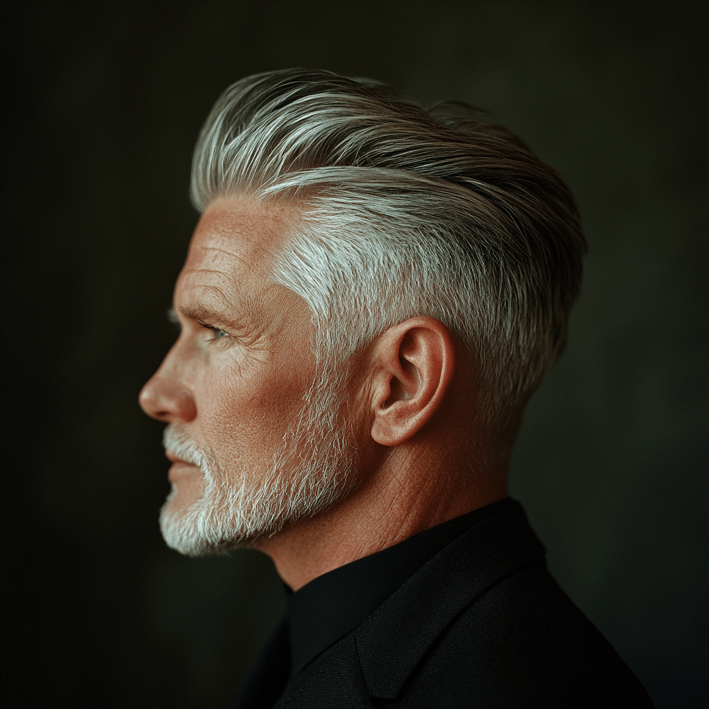 professional photograph of elegant older gentleman with silver hair pompadour, swept back with volume, tapered sides