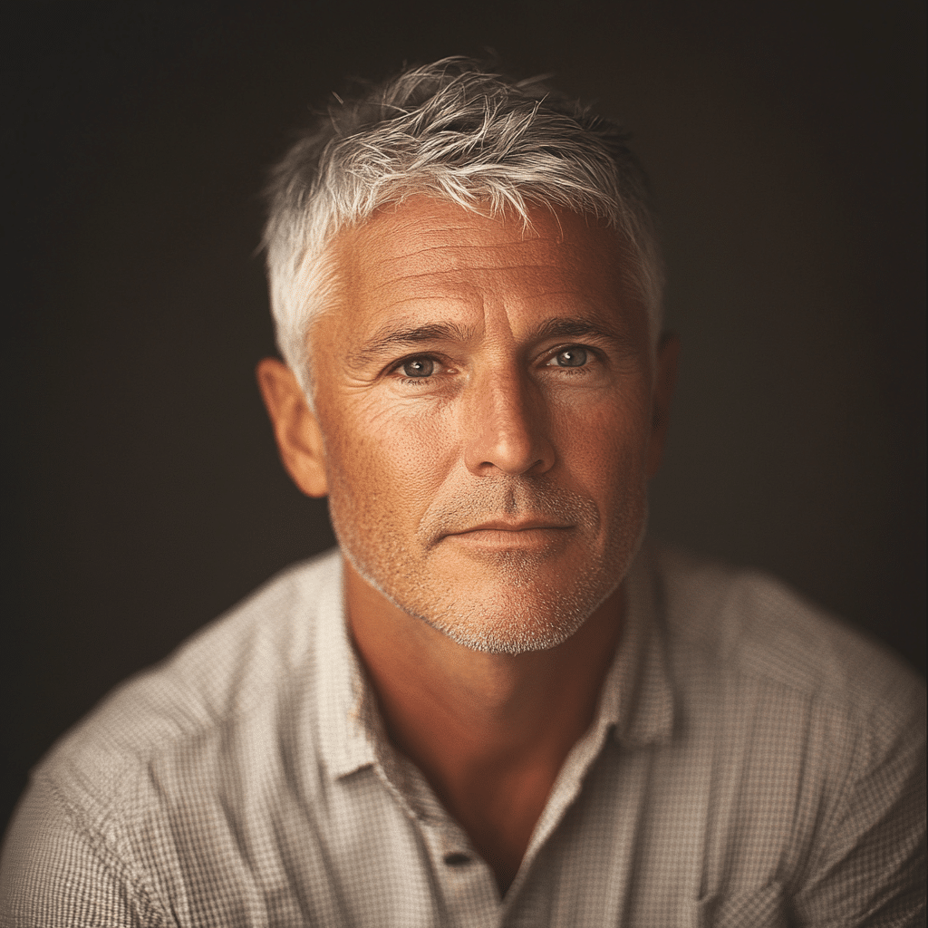 35mm portrait photograph of distinguished man over 50 with silver gray hair, short textured crop cut, shorter sides with length on top