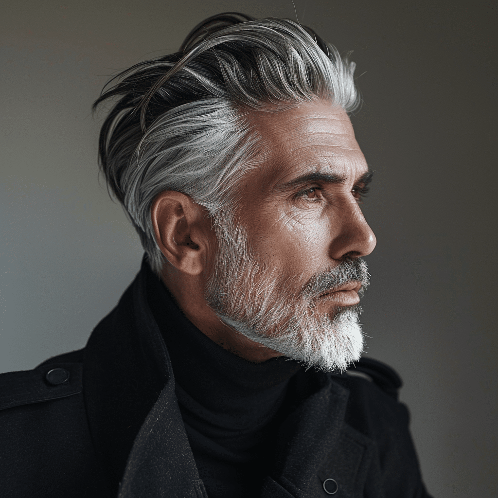 mature man with perfectly conditioned gray hair slicked back 