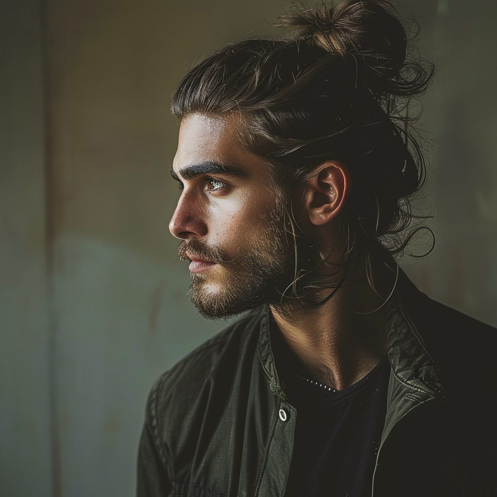 guy with a man bun hairstyle hipster look