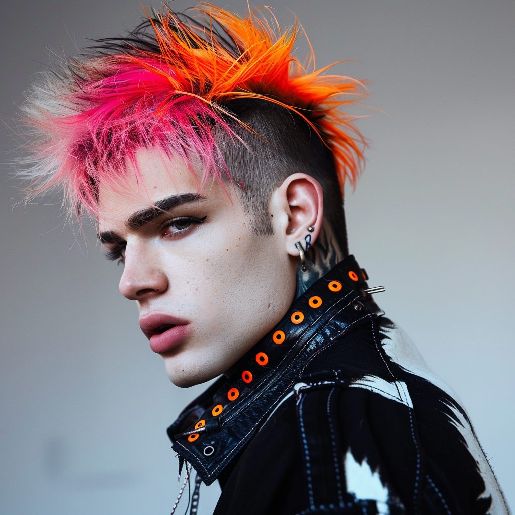 mens editorial punk hairstyle guy with neon color