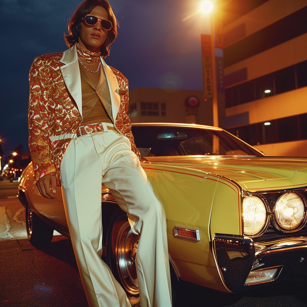 1970s men's style and luxury cars. Saturday Nigh Fever inspired men's fashion photo shoot