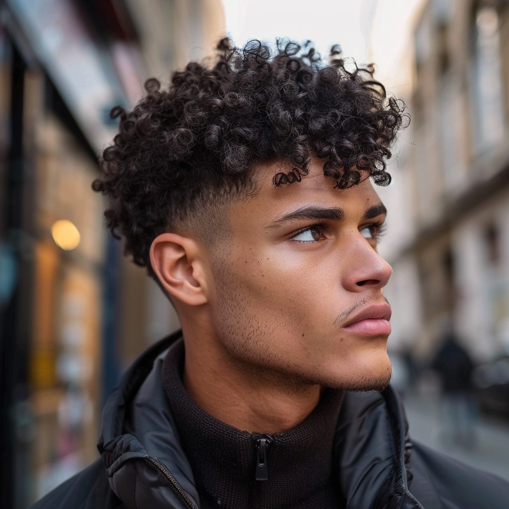 low fade with curly fringe male