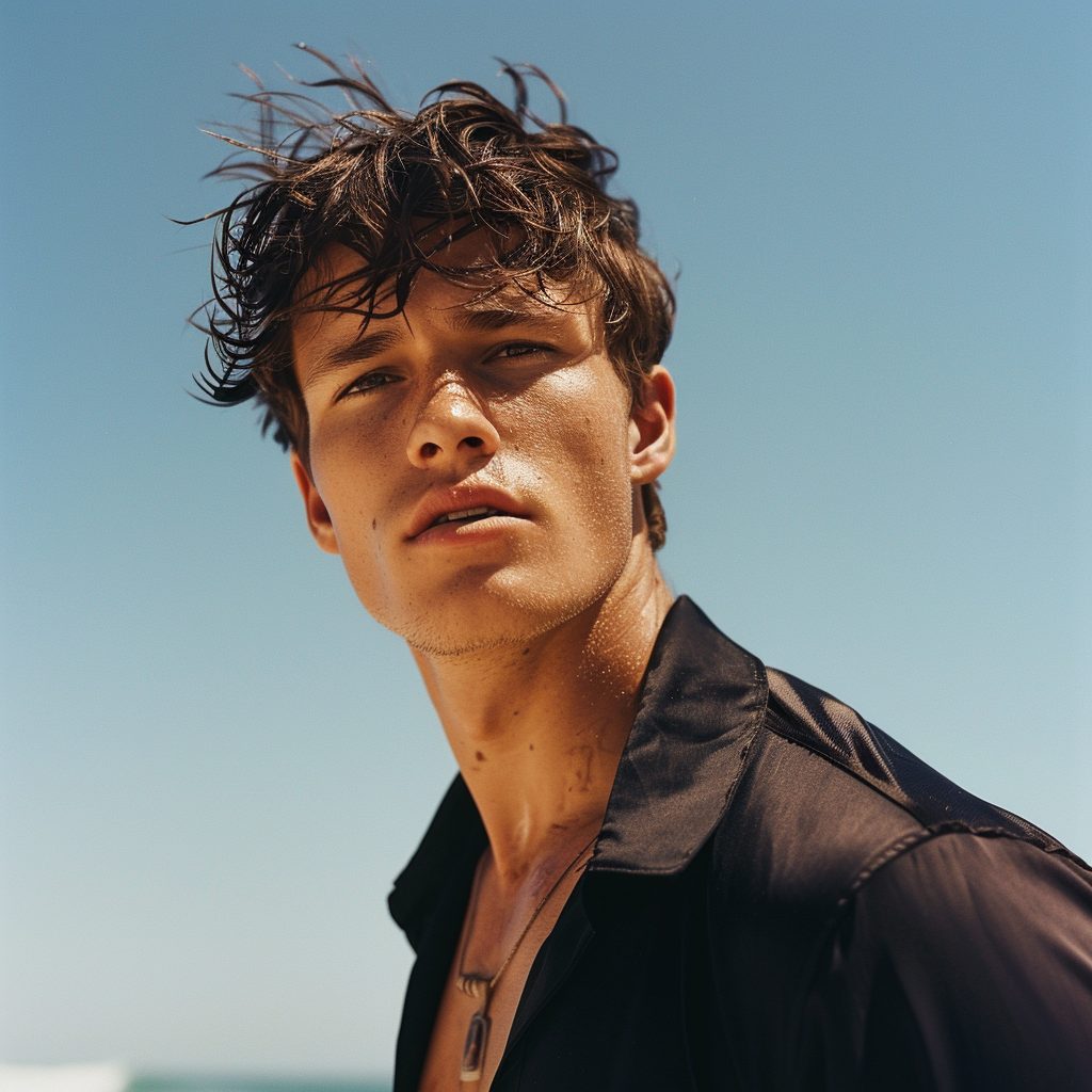 Hair male model with short and wavy surfer hair on the beach with blue sky