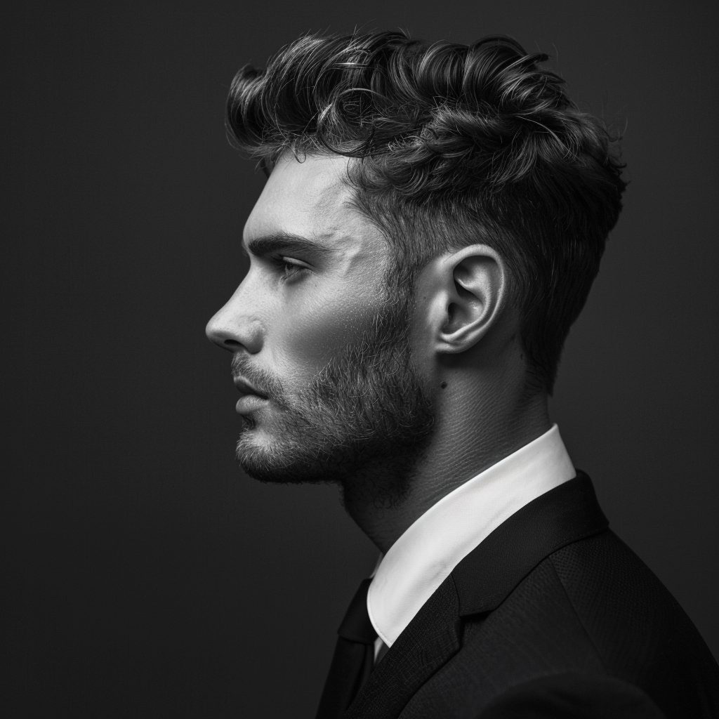 business professional hairstyle for men. Guy with a crew cut and a suit