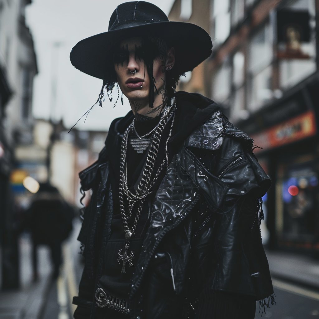 accessories, chains and goth hat dark tones