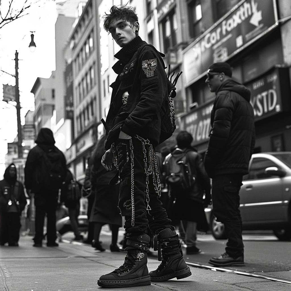 Streetwear guy with goth look outfit, chains and boots
