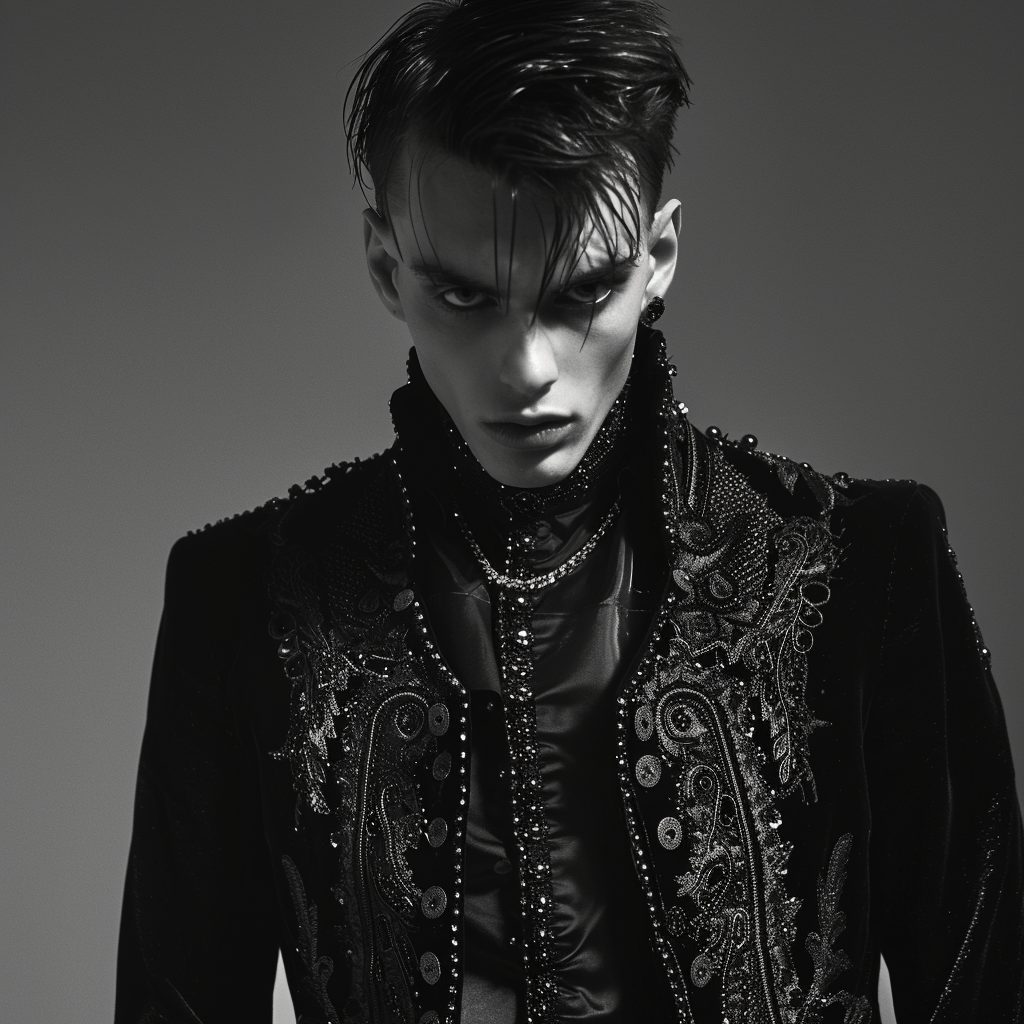 Male Model with a Goth Outfit Velvet Embroidered Jacking and Accessories