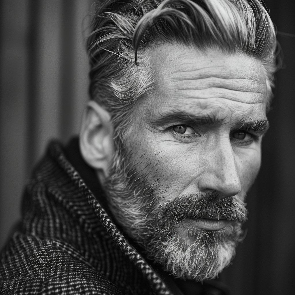 Stylish mature man with salt and pepper silver hair and beard 