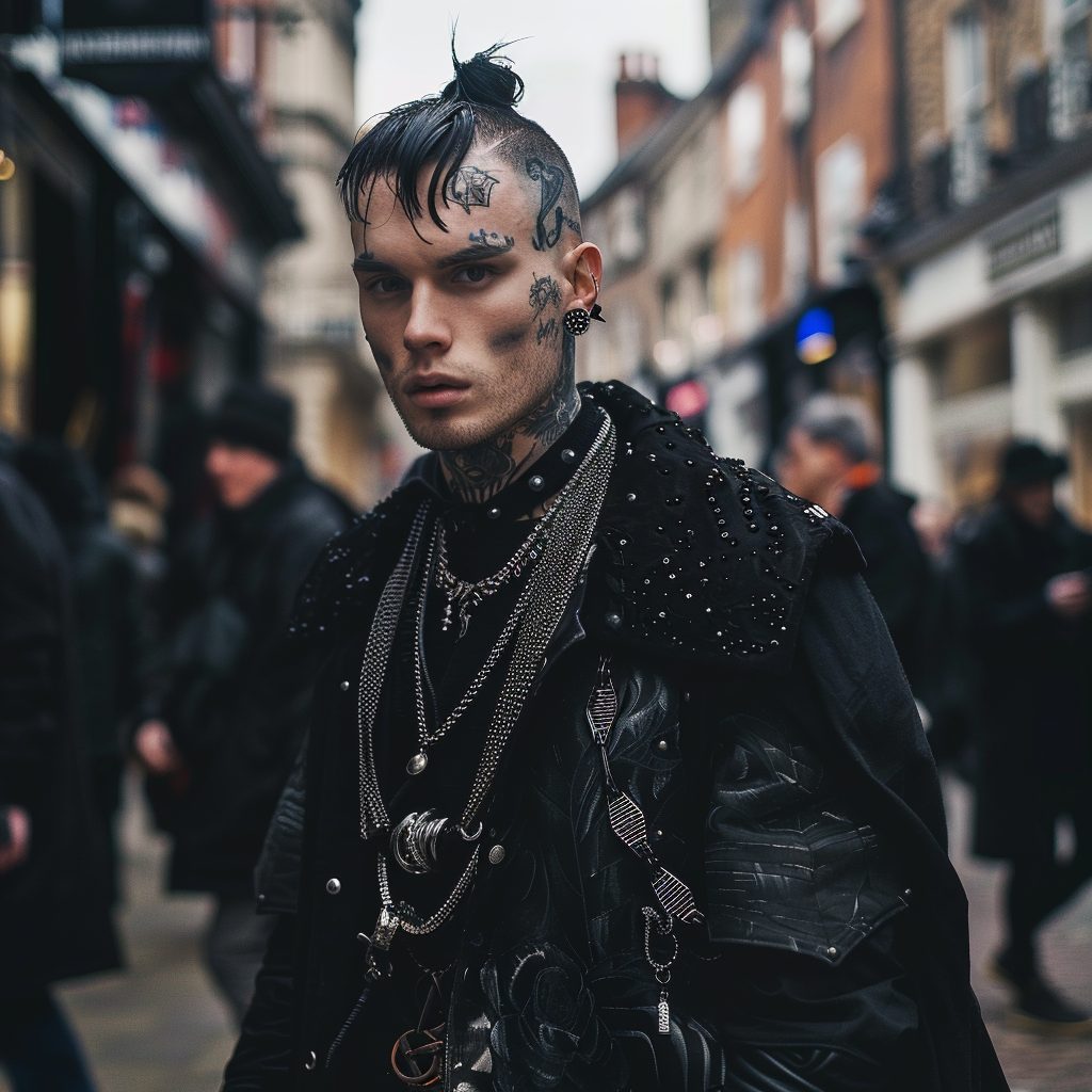 male model with goth look and tattoos