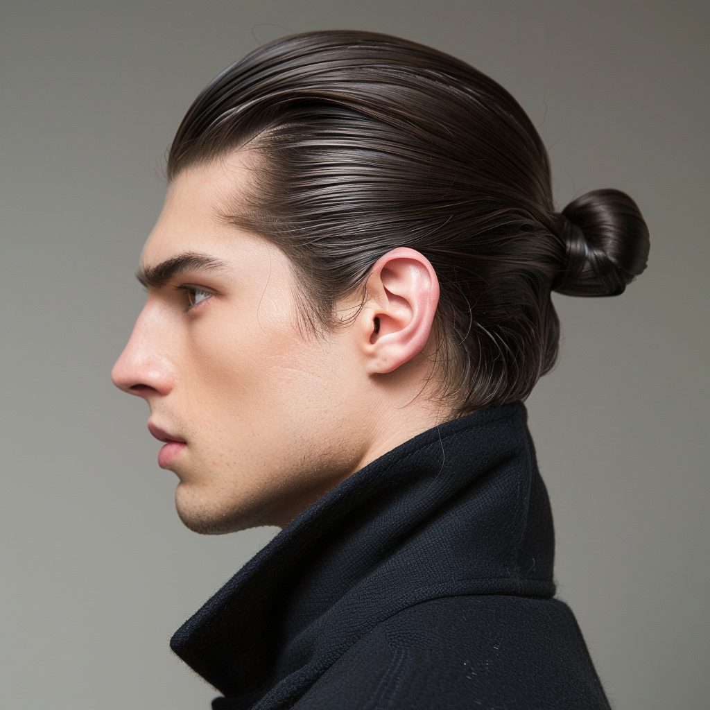 business professional male hairstyles, guy with a sleek ponytail work appropriate 