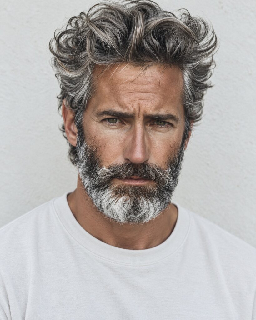 Mature man with voluminous salt-and-pepper wavy hair and a full gray beard wearing a white crewneck.