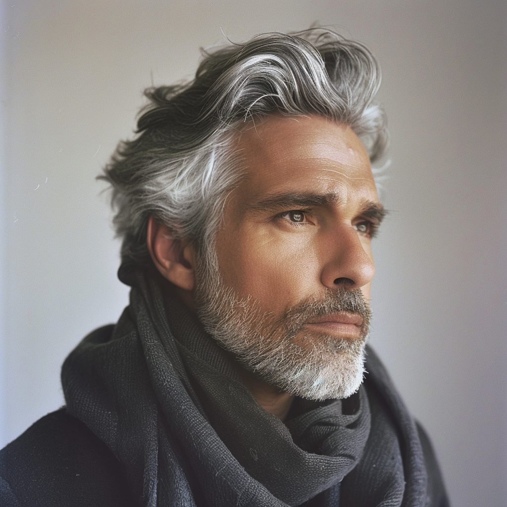 man over 50 with salt and pepper hairstyle, grey and silver hair