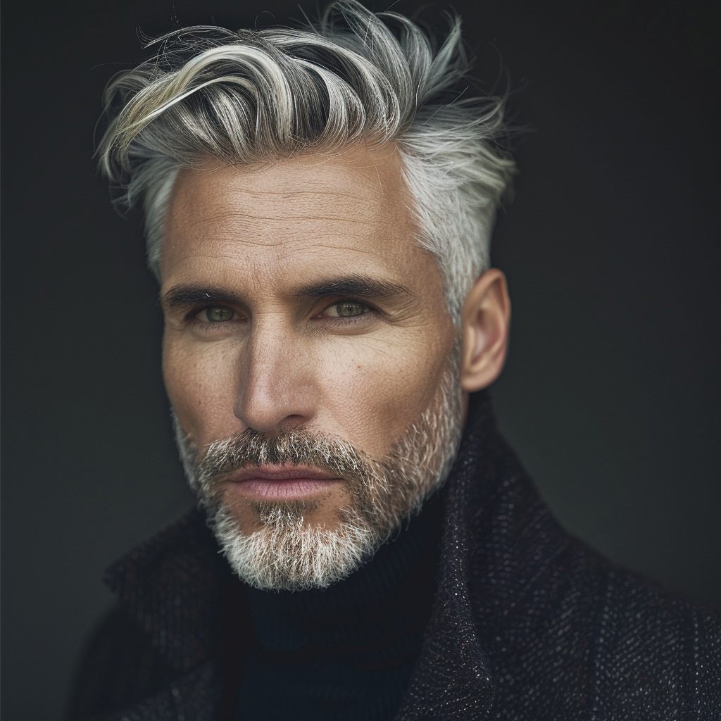 salt and papper gray hairstyle with beard