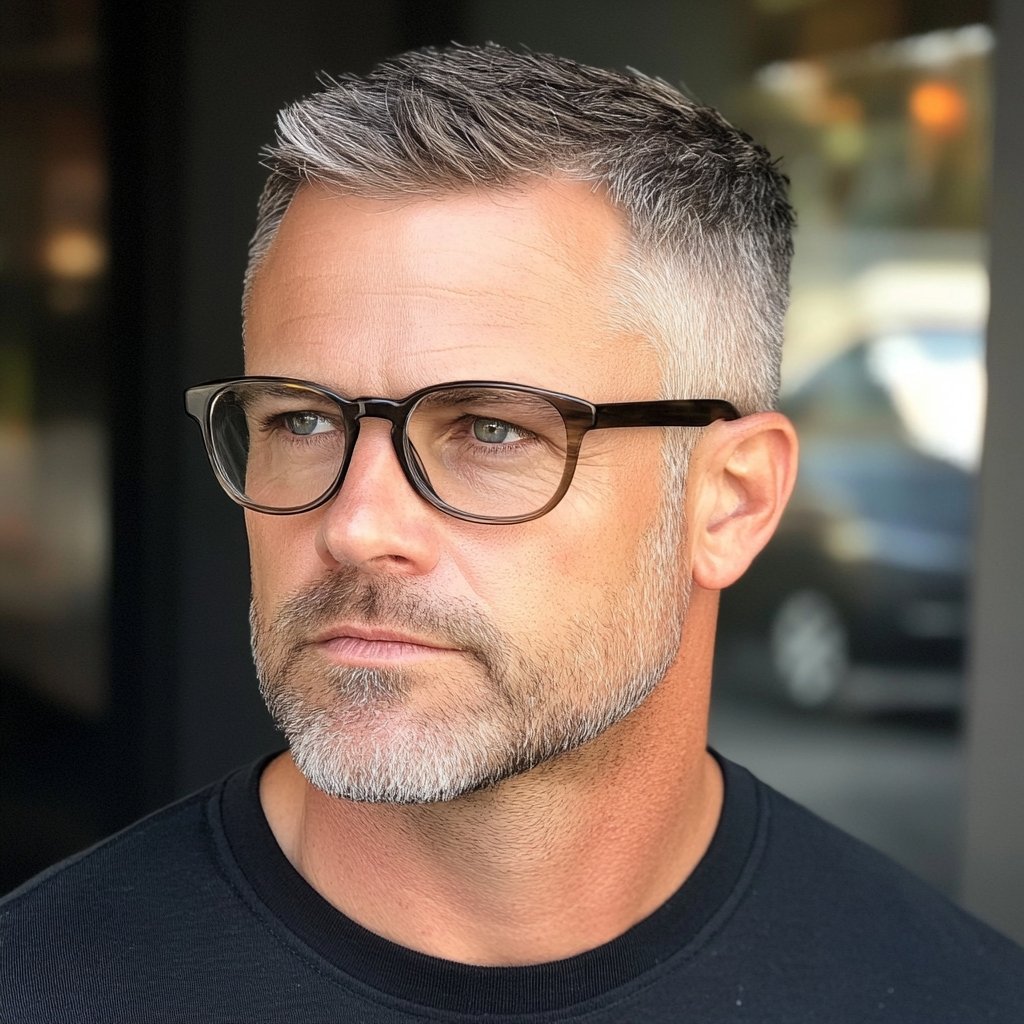 men over 50 with glasses and modern hairstyle with taper