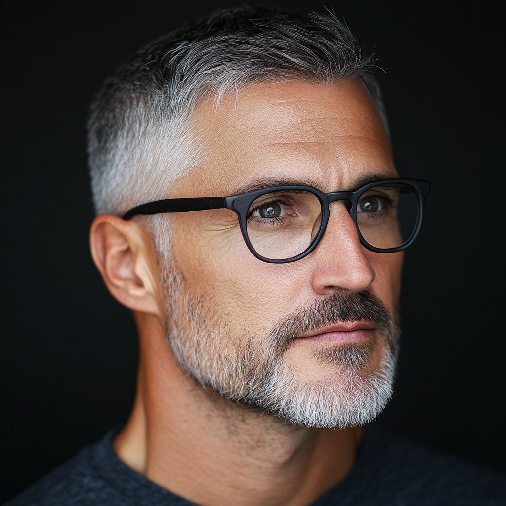 a mature men with a crew cut and glasses
