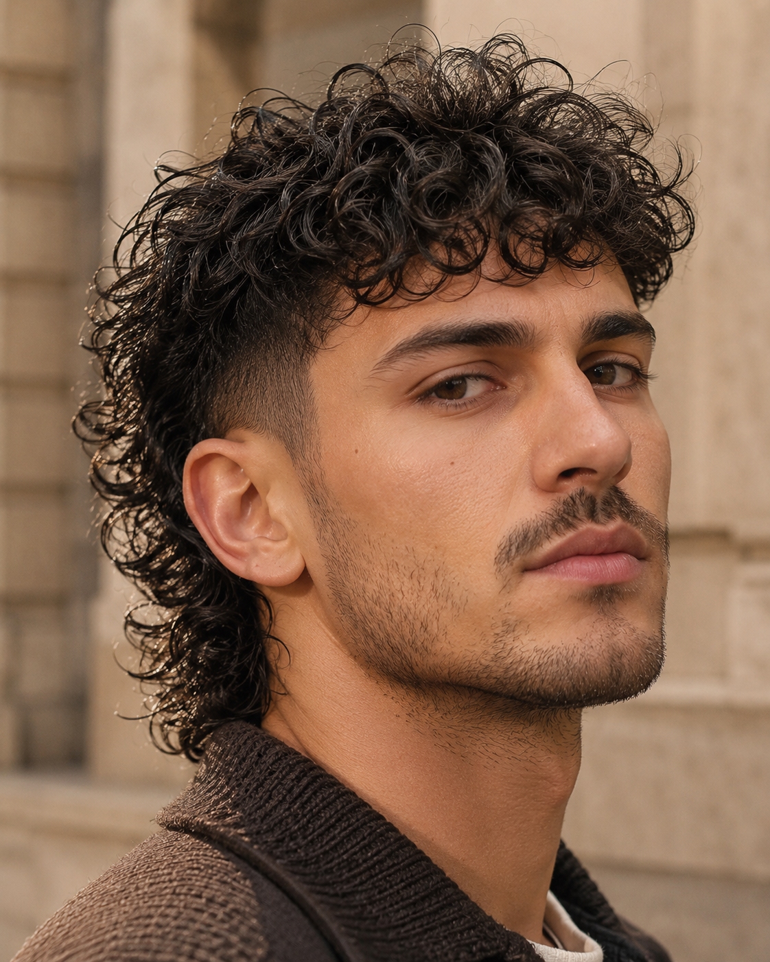 Curly mullet hairstyle for men with full natural texture