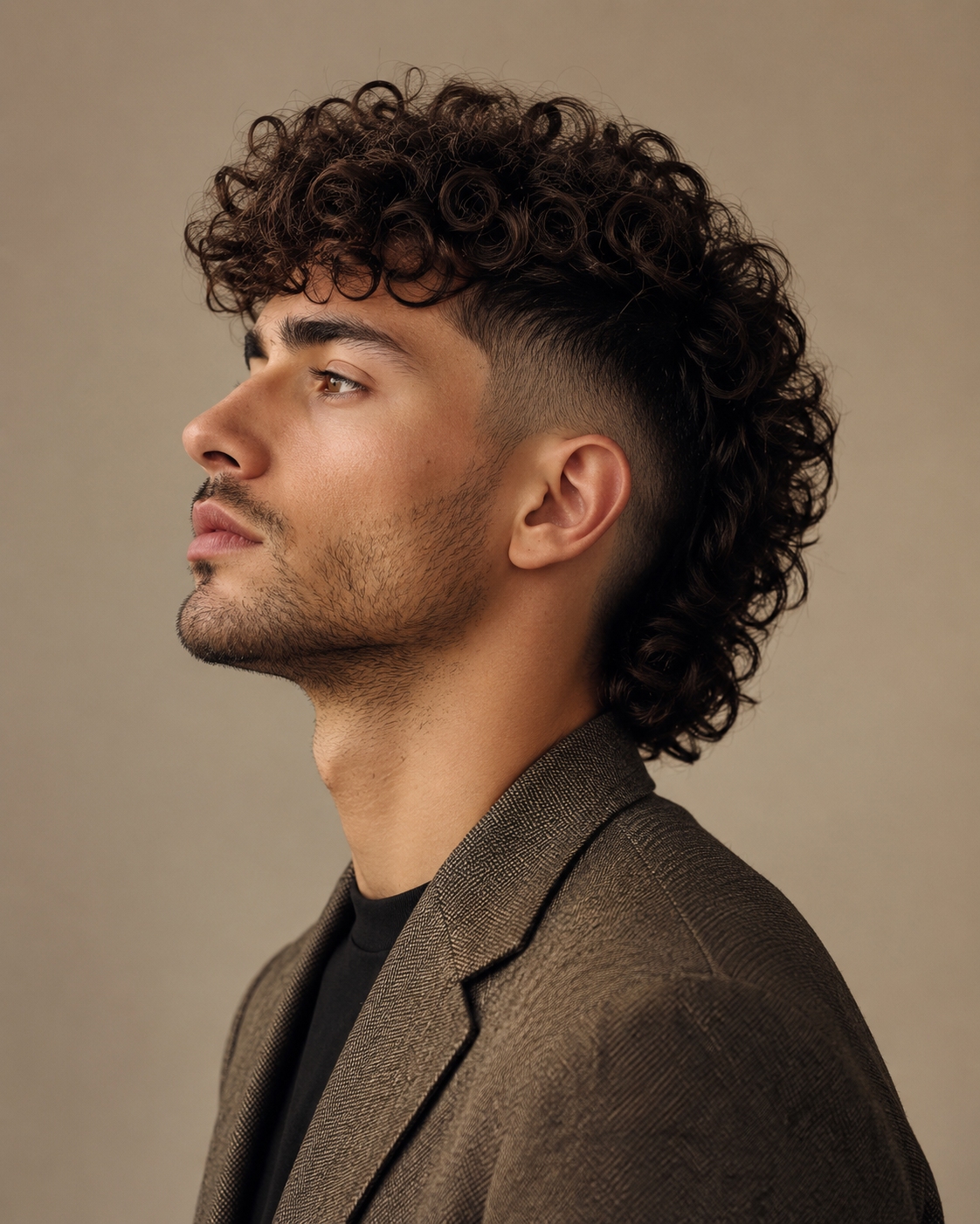 Curly mullet fade for men with natural hair texture