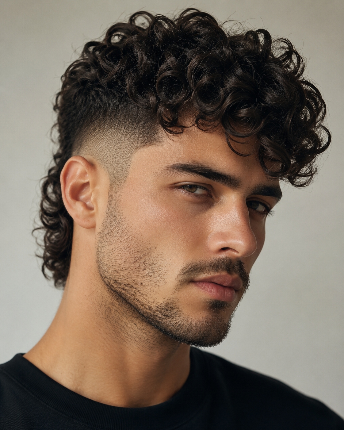 Burst fade curly mullet for men with a defined top