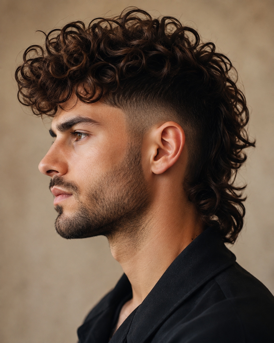 Long curly mullet with faded sides for men