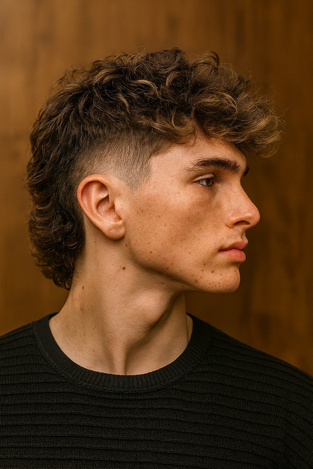curly mullet with a low taper fade