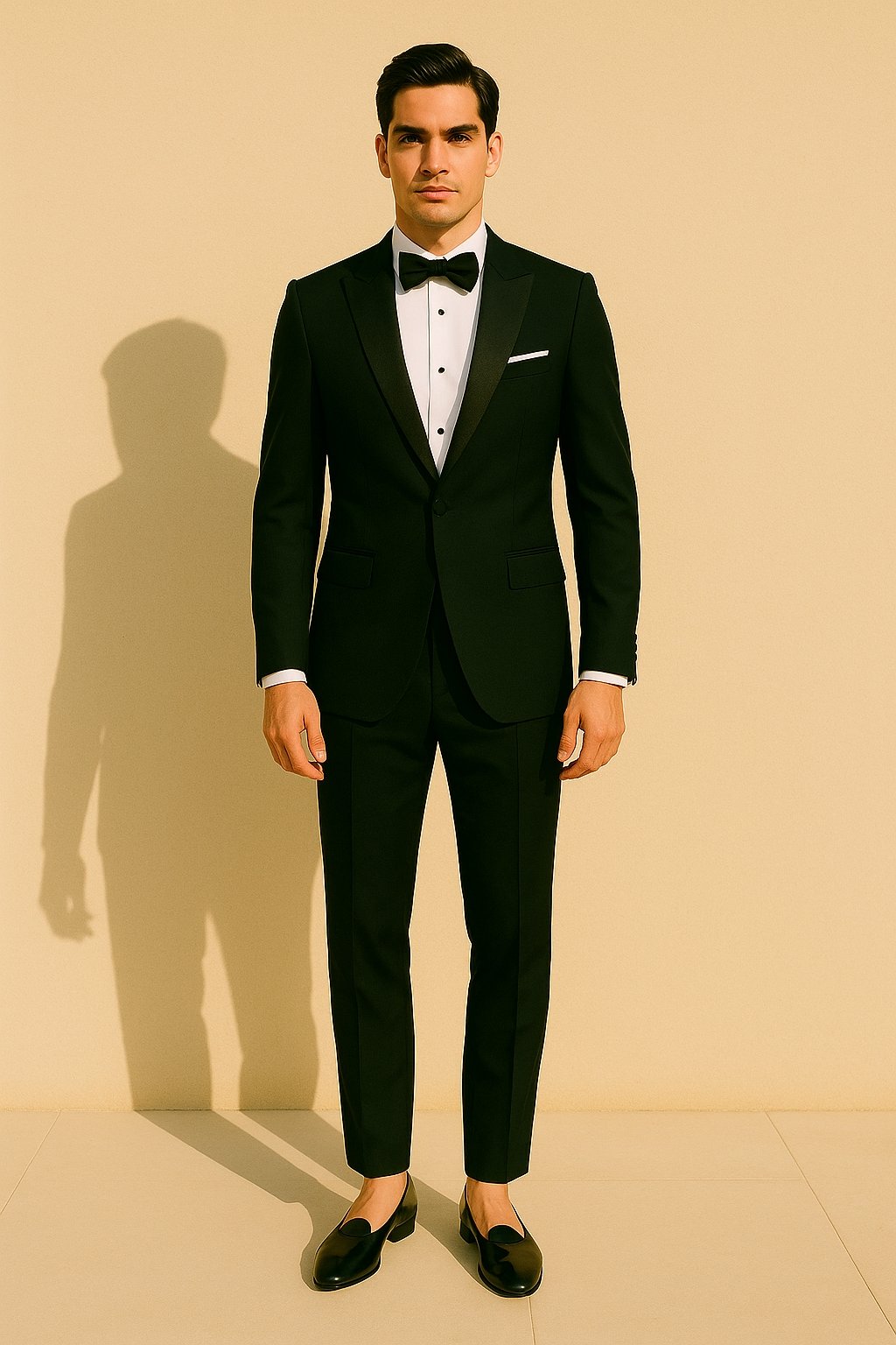black tuxedo and black leather opera pumps
