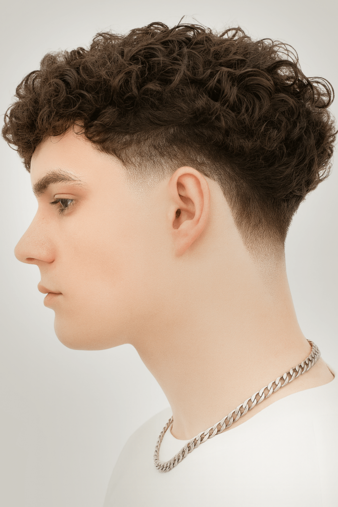 a guy with a blowout low taper fade curly hair style