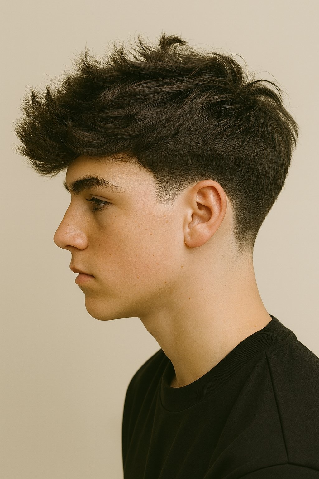 Young man with a blowout taper haircut featuring a textured fringe, styled with volume on top and neatly tapered sides.