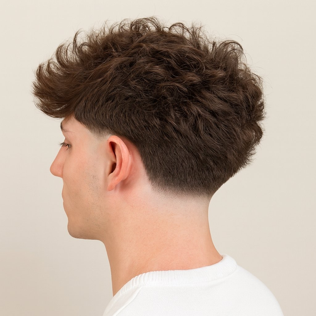 A back side view of a guy with a blowout taper textured fringe