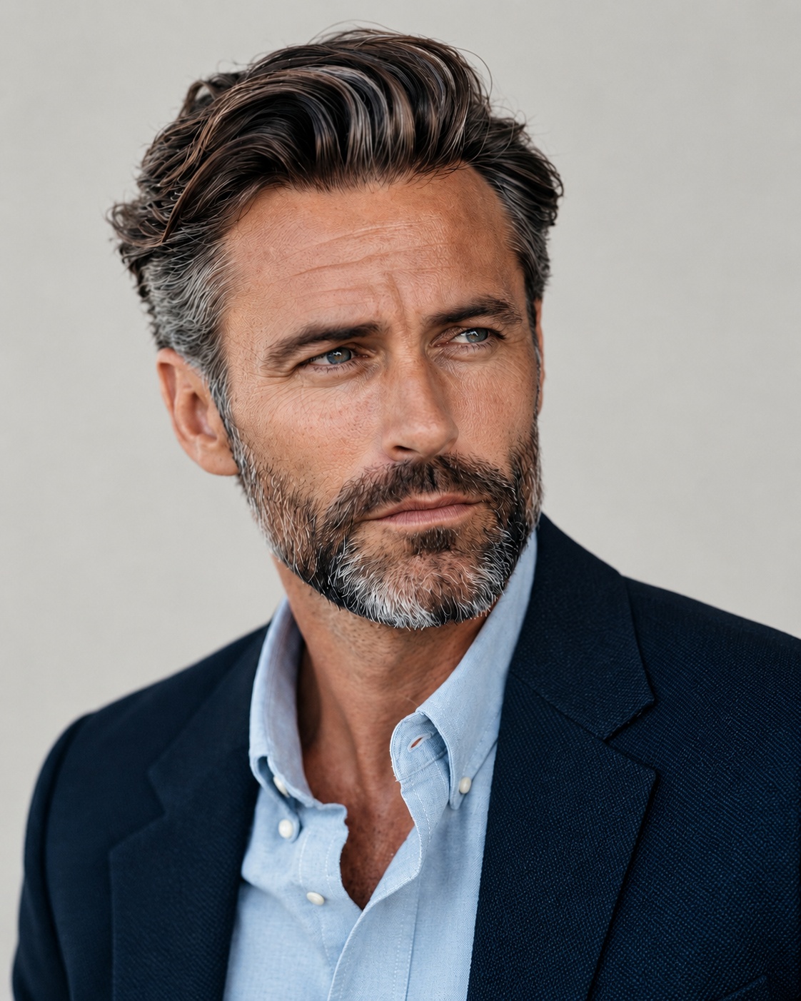 Man in his 40s with a wavy side-swept business haircut, gray tapered sides and salt-and-pepper beard, wearing a navy blazer and light blue shirt