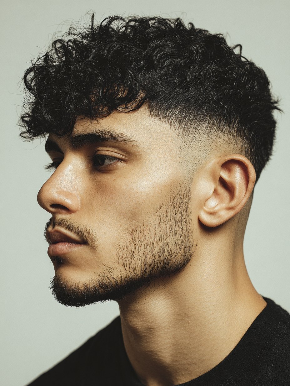 Side profile of a young man with curly hair and a low taper fade haircut, showing a subtle fade just above the ear with longer curls on top. The clean beard line and soft taper contrast with sharper mid taper styles.