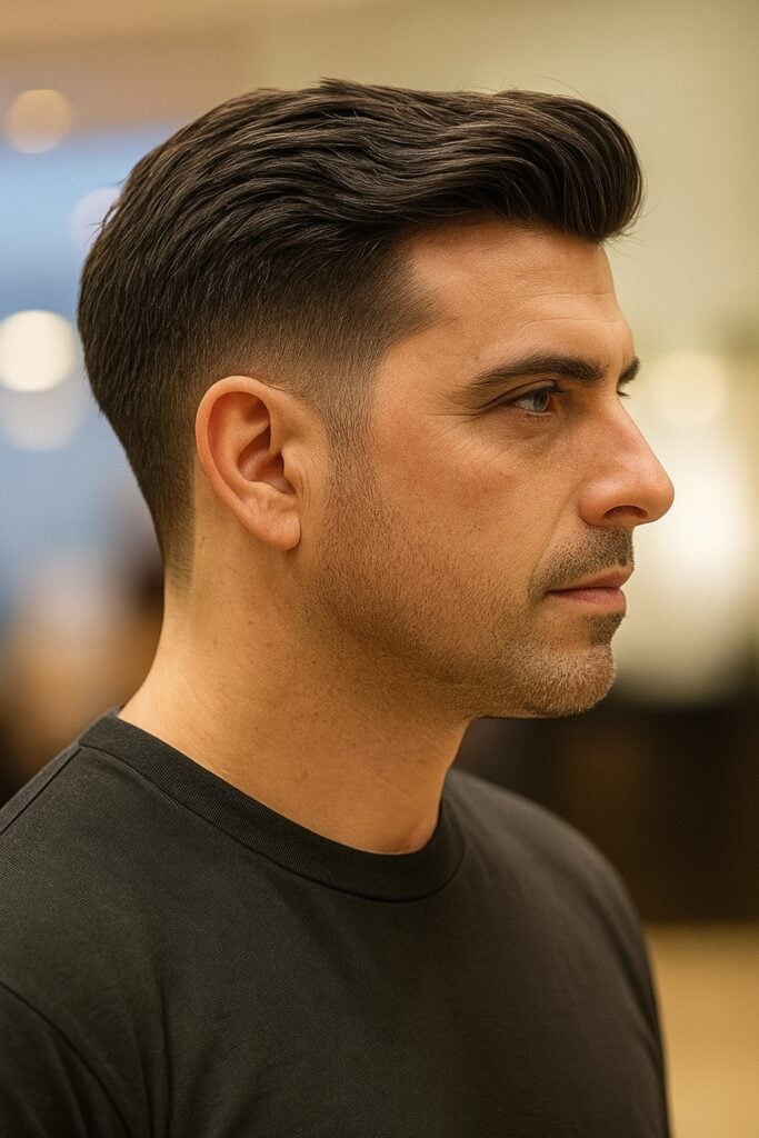 Side profile of a Latino man in his 30s with a medium taper haircut, featuring neatly blended sides that taper above the ear and voluminous, combed-back hair on top. He wears a black crew-neck shirt and is set against a softly blurred indoor background.
