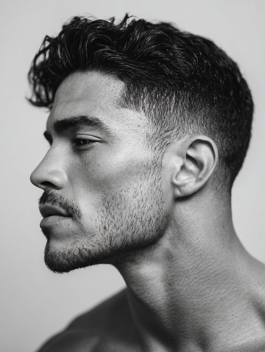 Black and white side profile of a man with a mid taper haircut and textured, wavy hair on top. He has light facial stubble and a defined jawline, looking slightly downward with a neutral expression.
