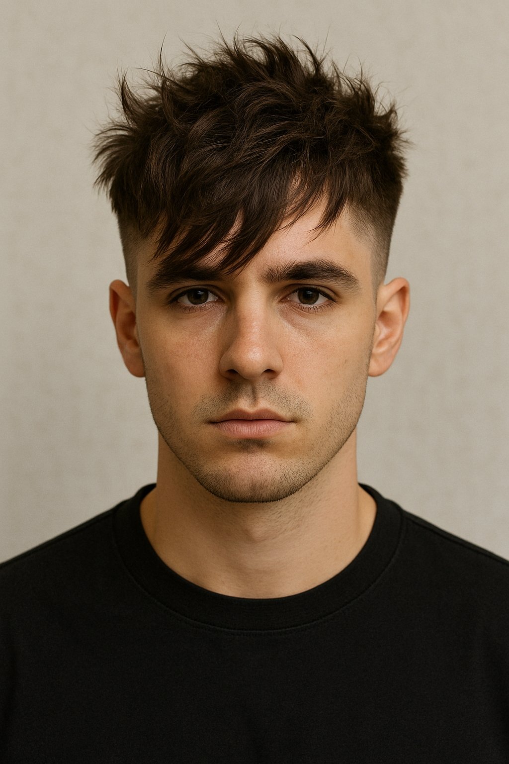 Front view of a young man with a textured fringe blowout haircut, featuring a sharp taper on the sides and layered fringe styled over the forehead.