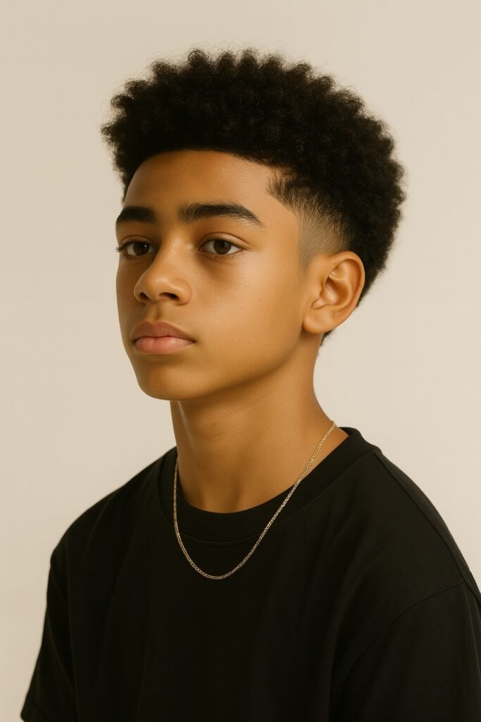 a teenage boy with trendy haircut: burst fade and afro hair on top