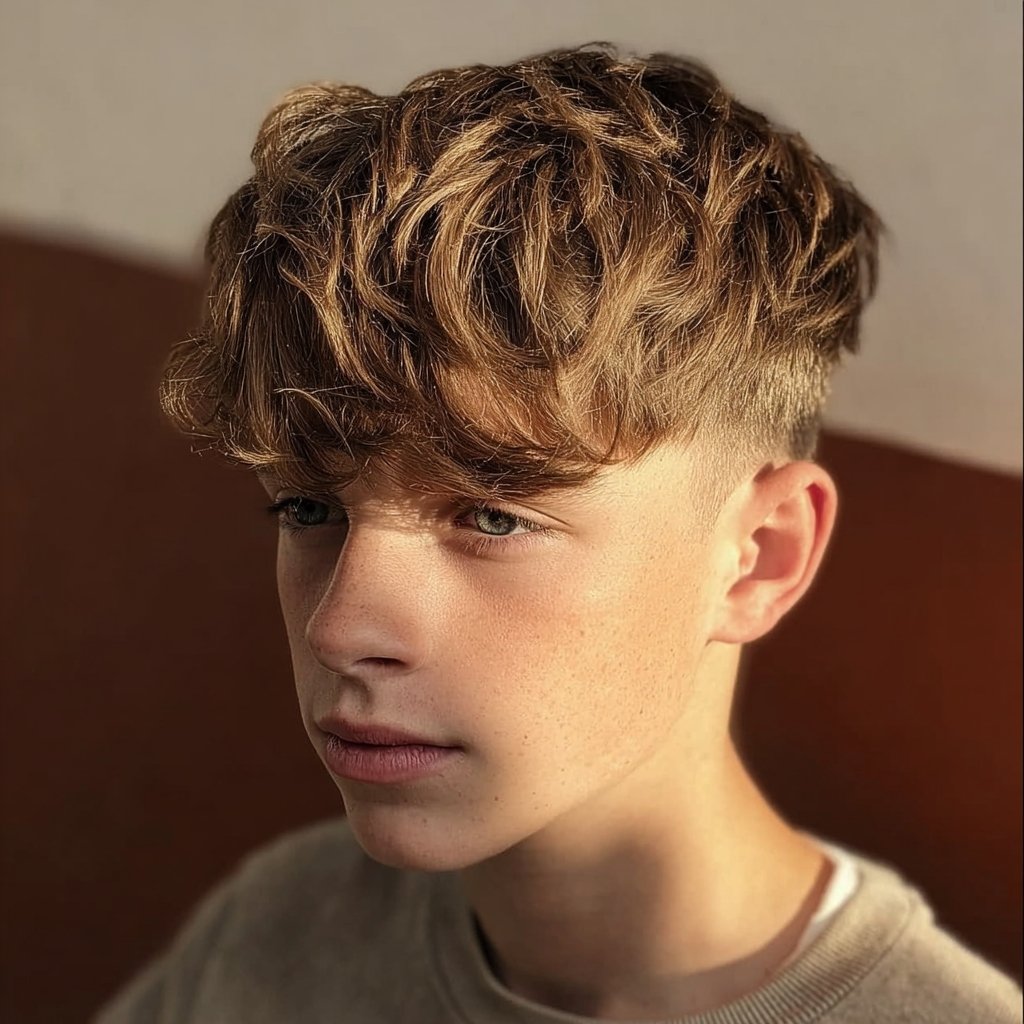 teenage boy haircuts 2026: a young guy with a textured fringe