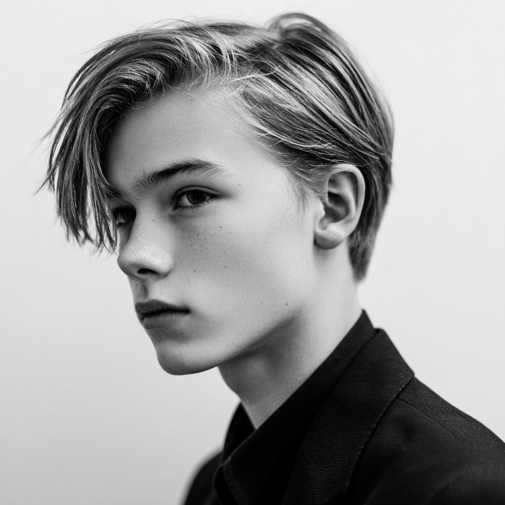 a teen boy with a side part haircut