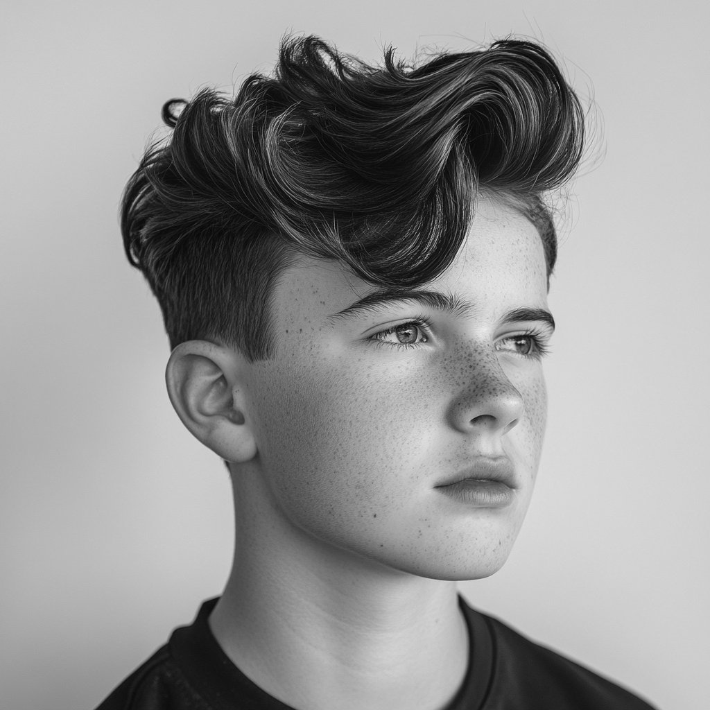 a teen boy with a pompadour haircut