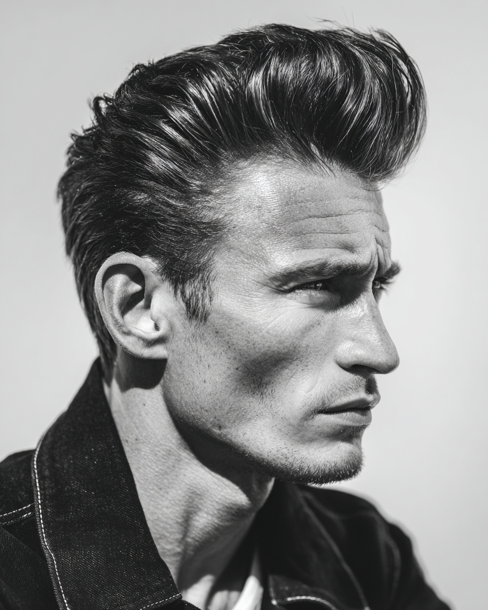 1950s classic pompadour hairstyle three variations collage, greaser rock and roll style black and white
